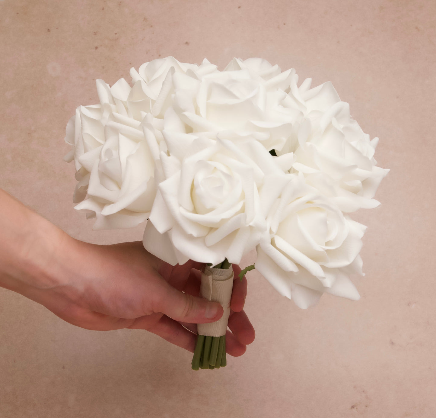 Bridal bouquet made of real touch white roses for wedding rental